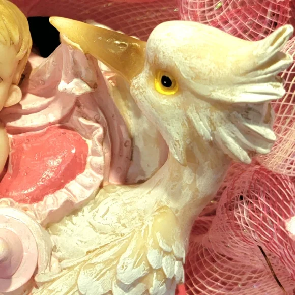 It's a Girl Wreath Deco Mesh Hand Painted Baby Stork Floral - Picture 7 of 13